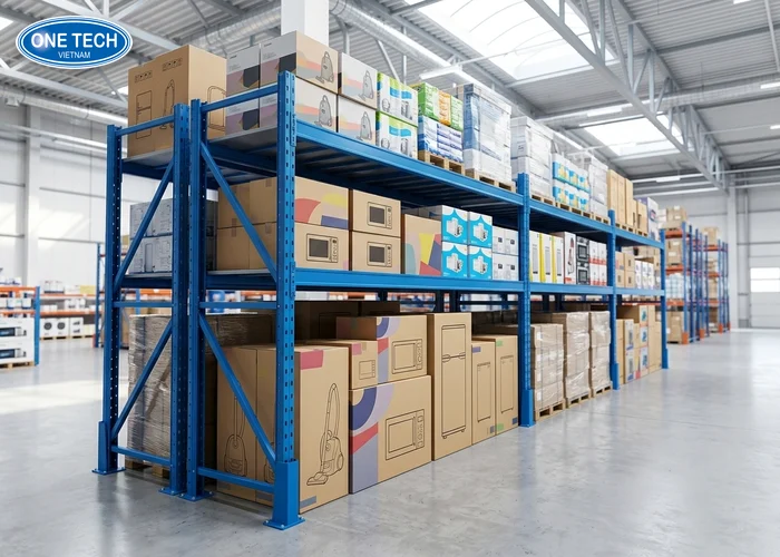 Giải pháp sắp xếp kệ siêu thị màu xanh tại Hà Tĩnh cho khu vực hàng cồng kềnh